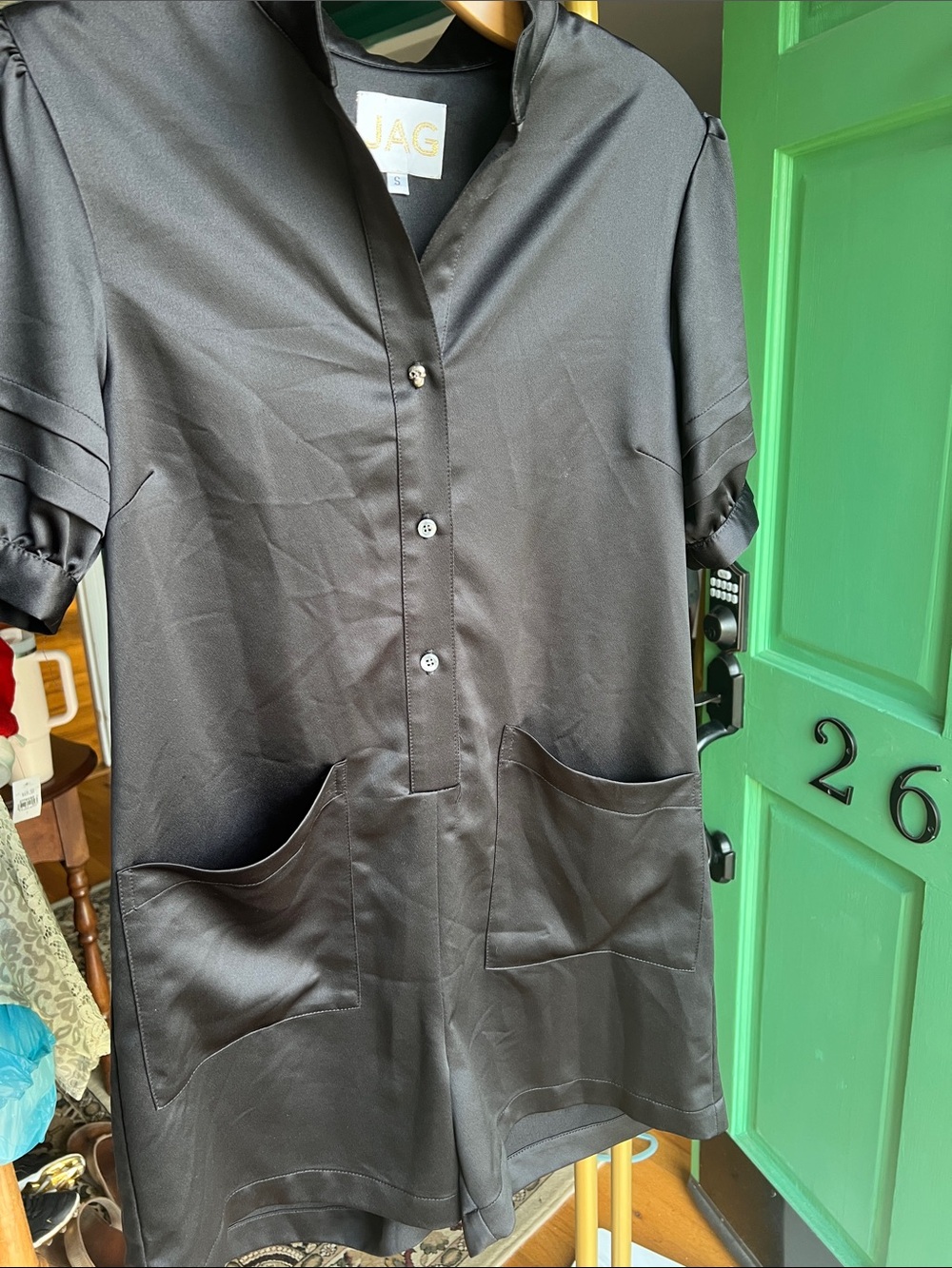 JAG Black Short-Sleeve Button Front Skull romper with Patch Pockets Size Small